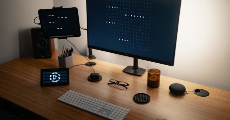 Smart Speakers - Computer with various electronic devices and speaker placed on table